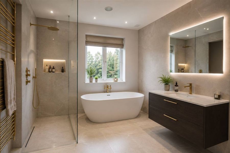 Modern bathroom renovation with walk-in shower completed by Zonex Group