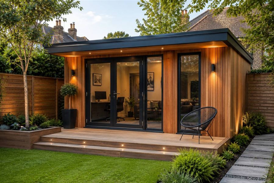 Garden office pod with glass frontage built by Zonex Group