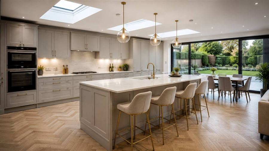 Modern fitted kitchen with island and bi-fold doors, a recent Zonex Group project