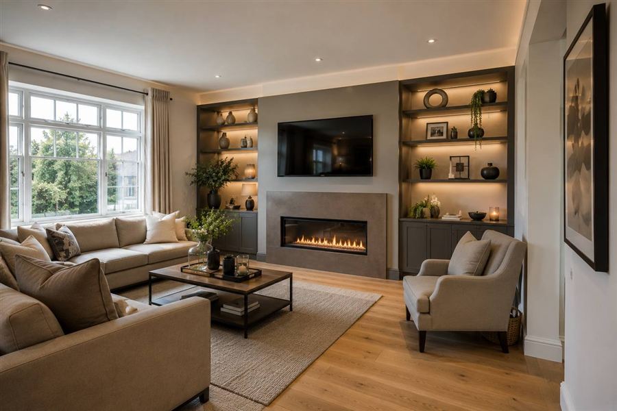 Living room interior renovation with feature fireplace by Zonex Group