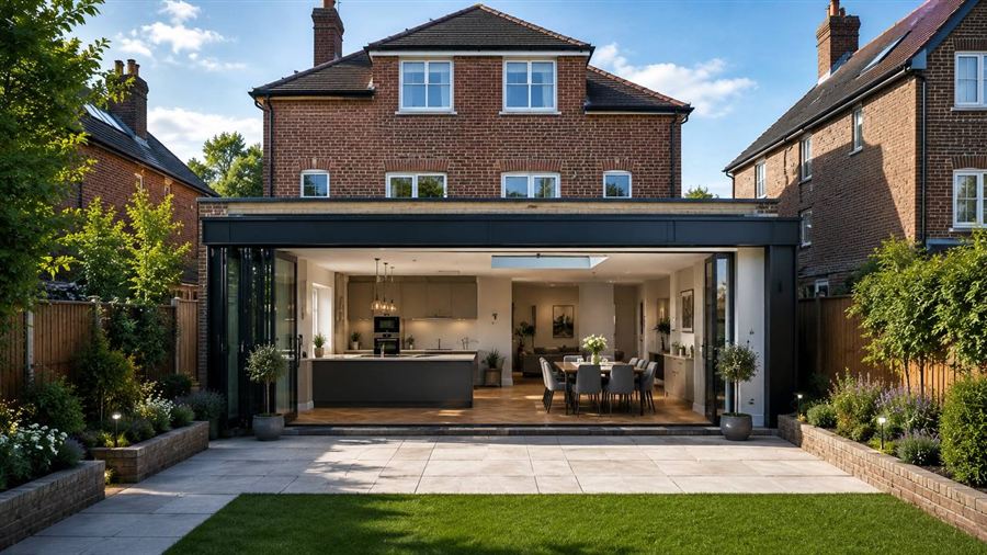Rear house extension with glazed doors completed by Zonex Group